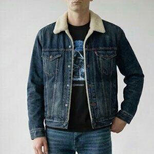 Levi's Indigo Blue Cotton Denim Jean Sherpa Trucker Fleece Lined Jacket Men's S